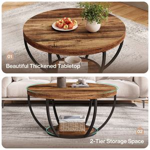 Double Tier Round Solid Wood <b>Coffee</b> <b>Table</b> with Multi-layer Storage Traditional Design Waterproof & Durable for Home/Office Use - Product Image 4