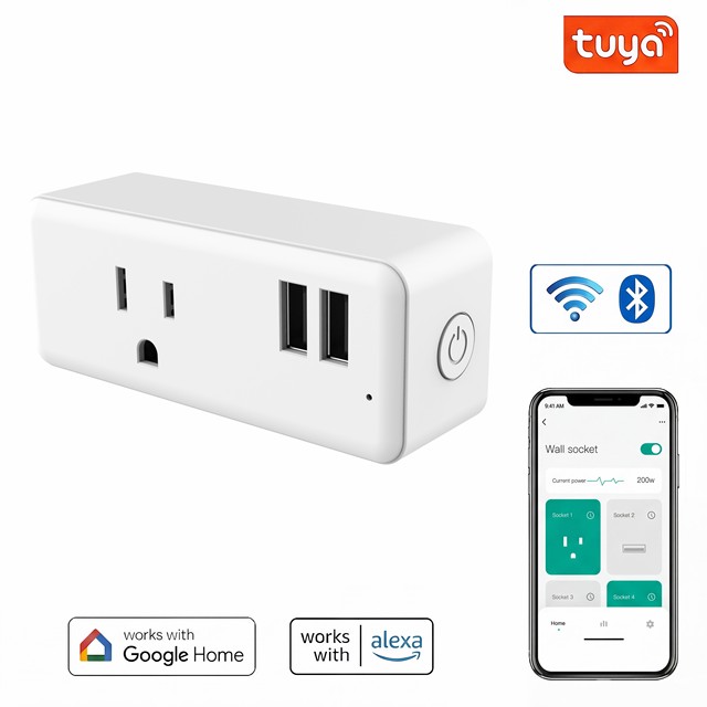 15A ETL FCC Smart Plug With USB Tuya WiFi Bluetooth for Alexa Google App Control With Energy Monitoring for Home