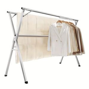 Adjustable 3-Tier Foldable Metal <b>Clothes</b> Drying <b>Rack</b> With 20 Hooks For Indoor Outdoor Use X-Shape Design Minimalist Style - Product Image 4
