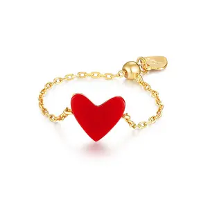 Wire Adjustable Slide Design 18k Yellow S925 Silver Red Coral Heart Gold Chain Ring