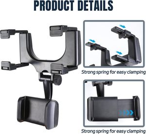Support de téléphone pour voiture à fixation sur rétroviseur, rotation à 360°, dégagement rapide à un bouton, bras télescopique réglable, matériau ABS robuste, fixation sur grille d'aération - Product Image 3