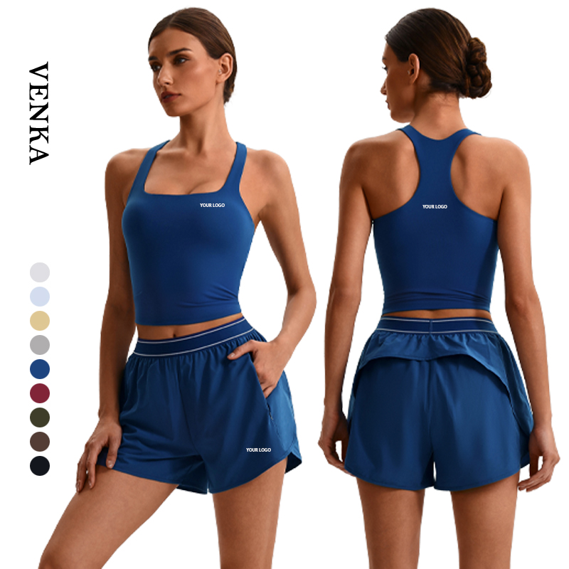 Women Plus Size Summer Nude Feel Fitness Suit Racerback Tank Top Loose Pockets Running Shorts Quick Dry Breathable Yoga Front