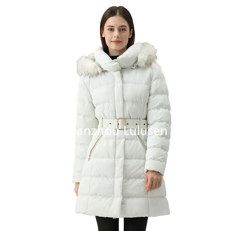 Custom Winter Girl Long Plus Size Down Woman Coat Ladies Belt Padded Jacket Thick Warm Fur Hooded Women Parka