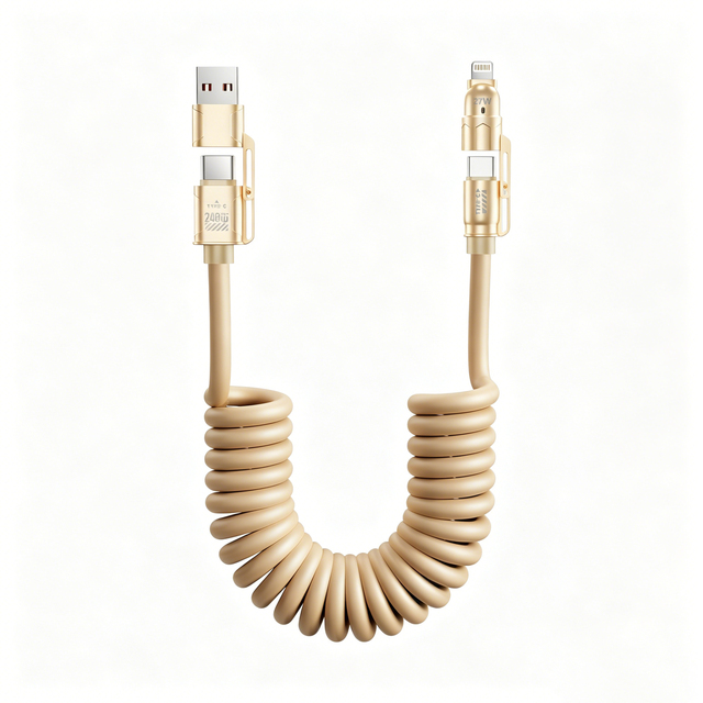 4 in 1 USB C Cable 240W PD Fast Charging Spring Coiled Car Data Cable Type C to Type C with USB a for IOS Adapters