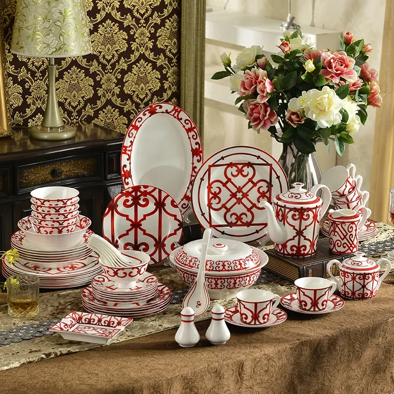 Juegos de vajilla de porcelana para el hogar, juegos de vajilla de lujo con ventana roja española para comedor, superventas, 58 Uds.