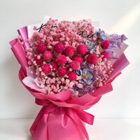 Buket Bunga Awet Warna Pink, Bunga Kering Buatan Tangan, Kotak Hadiah Bulat Dekoratif untuk Pernikahan dan Hari Valentine