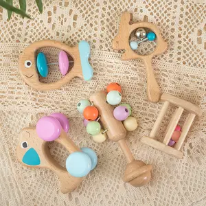 Set mainan kerincingan manik-manik kayu bayi, set mainan kerincingan 5 tangan