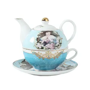 Ceramic Royal Design Coffee & Tea Pot Cups and Saucer Portable Office Porcelain 4-Piece Tea for One Set