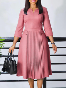 Vestidos de Oficina Otoñales para Mujer, Vestido Africano Casual Elegante de Color Sólido con Pliegues para Mujer - Product Image 5