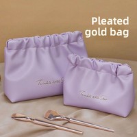Trousse de Maquillage Portable et Minimaliste en PU Imperméable Effet Soie, Organisateur de Kit de Retouches, Pochette de Rangement Compacte pour Rouge à Lèvres, Plissée et Souple
