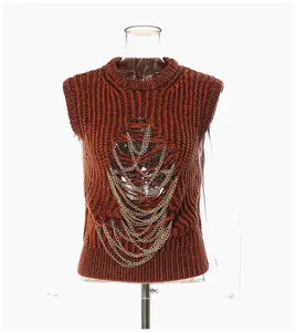 New Fashion Hollow Out Spring Fall Winter Clothes Lovely Ripped Sweater Vest With Chain Women Ladies Sleeveless Women'S Sweaters