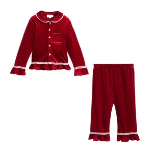 Детский пижамный комплект pj, зимняя одежда для сна с кружевной отделкой, красная мягкая велюровая Пижама, Детская Пижама для девочек