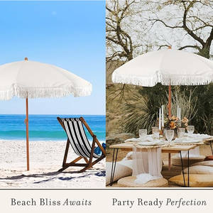 Высокое качество 180 см бежевый полиэстер ткань пляжный зонтик с прямой бахромой дизайн и металлический каркас для защиты от солнца - Product Image 3