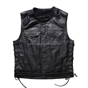 Cheap Rock real leather biker vests Men's round neck casual short adjustable waist sleeveless jacket top layer cowhide waistcoat