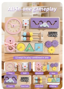 Tablero de actividades de madera rosa al por mayor con práctica de cordones, reloj, engranajes, laberinto deslizante, motricidad fina y habilidades <span class=keywords><strong>para</strong></span> la vida, juguetes <span class=keywords><strong>para</strong></span> niños pequeños - Product Image 4