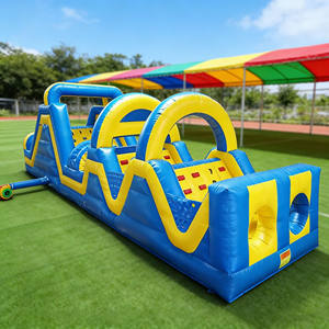 Parcours d'obstacles gonflable pour enfants DFRL, taille personnalisée, qualité commerciale, PVC 0,55 mm, 32 pieds, jaune et bleu, garantie 3 ans - Product Image 1