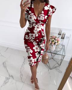 Robe de bureau élégante à col en V et manches courtes à volants, robe moulante mi-longue pour femmes _ Robe de travail décontractée pour femmes d'été - Product Image 3