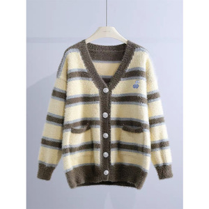 Dalang Sweater Factory Striped <b>Cardigan</b> For Women Autumn Winter Thickened Loose Fit Knitted Sweater Apricot Group - Product Image 1