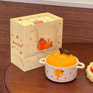 Bol à nouilles instantanées en céramique orange avec couvercle, design de dessin animé style été 2024, pour la maison, le dortoir, les étudiants, cadeau - Product Image 3
