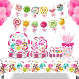 MM241 Lollipop Party Sweet Candy Paper Plates Cups Napkins Disposable Tableware Set For Kids Birthday Party Decor