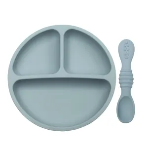 Prato de silicone para alimentação de bebês, prato para alimentação infantil com colher peça de 3 seções