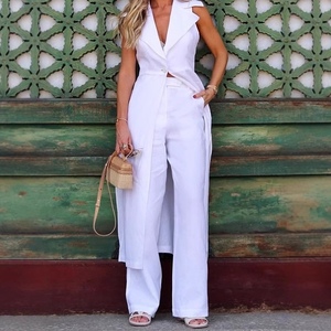 Nuevo Conjunto de Dos Piezas de Verano para Mujer, Blusa Larga sin Mangas con Solapa Blanca y Pantalones de Color Sólido, a la Moda - Product Image 6