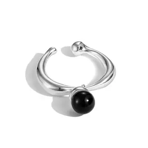 S925 cincin wanita batu akik hitam Super besar Fashion industri berat merasa membuka cincin yang dapat disesuaikan perhiasan pernikahan