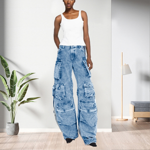 High Quality Washed Denim Patchwork Pockets Wide Leg Women's Breathable Jeans Fashion - Product Image 2