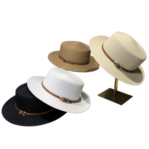 Hot Sale Flat Top Straw <b>Hat</b> With Leather Strap UV Protection Casual Panama Beach <b>Hat</b> Retro Style Men and Women - Product Image 2
