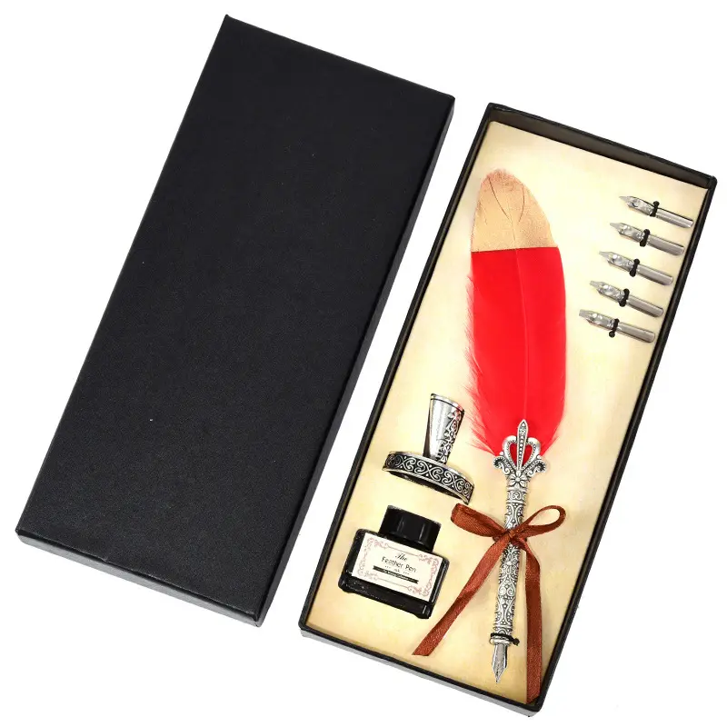 Caligrafia caneta de penas conjunto de aço inoxidável, alça de cobre com ponta para escrita e tinta, caixa de presente