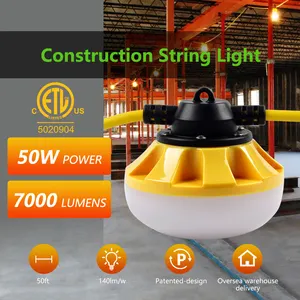 Precio al por mayor EE. UU. En stock 100ft 100W Enchufe de EE. UU. Conectable luces de cadena industriales para trabajo temporal, iluminación de obras de construcción