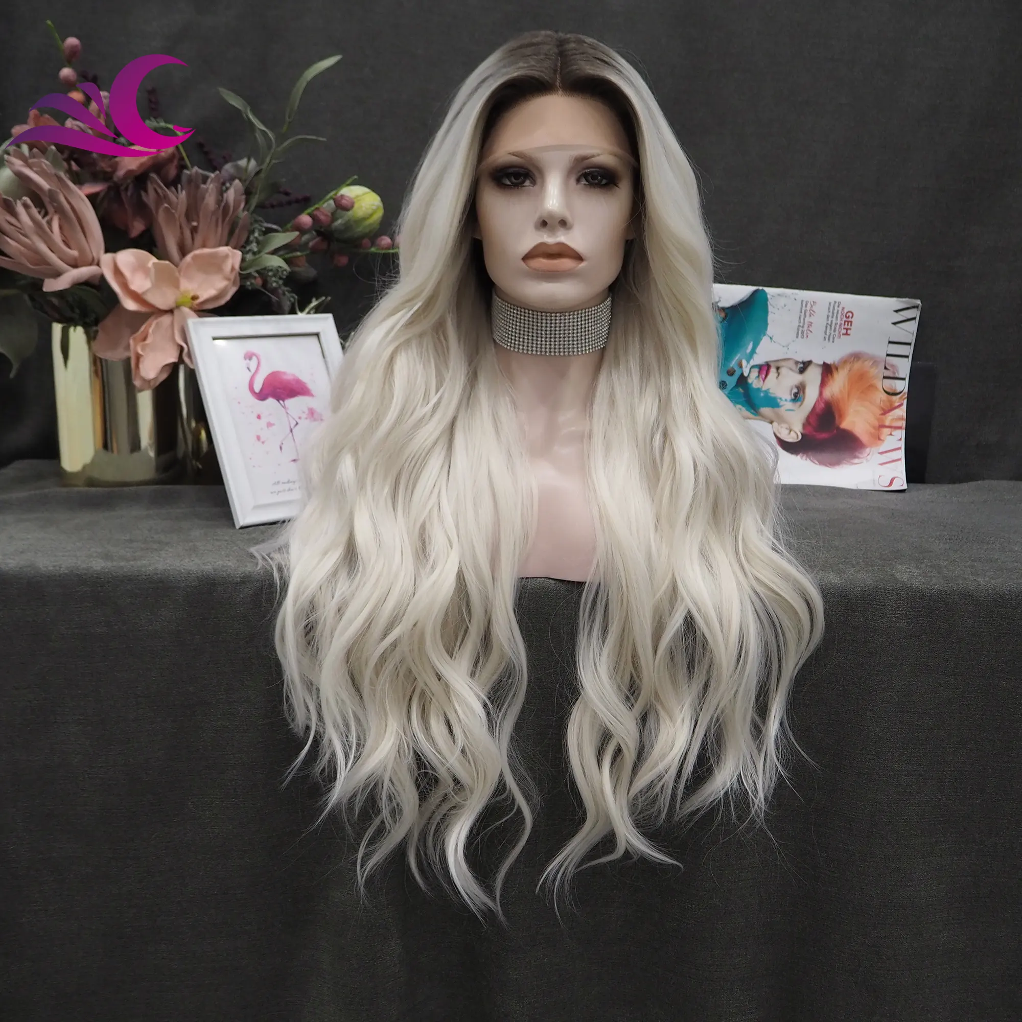 Perruque Lace Front wig synthétique transparente couleur Blond cendré, perruques Body Wave en fibre henna, résistantes à la chaleur, pour fête