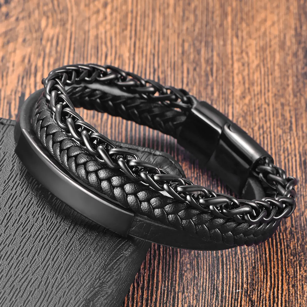 Vintage Fashion Black Genuine Leather Bracelets Stainless Steel Chain Magnetic Clasp Bracelet Customized Wholesale