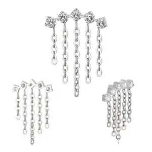 Body Jewelry Titanium 5 CNC Set Round CZ With 5 Chains Dangle Internally Threaded Top Helix Flat Labret Earring