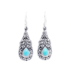 Boucles d'oreilles pendantes vintage E4577 en argent antique avec turquoise sertie, bijoux de mode pour femmes - Product Image 1