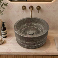 Высококачественная круглая раковина из натурального камня (травертина) Wabi-sabi из цельного серебра для ванной комнаты отеля или виллы