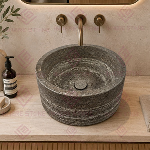 <span class=keywords><strong>Lavabo</strong></span> Redondo de Travertino Plateado Sólido de Alta Calidad Estilo Wabi-Sabi, <span class=keywords><strong>Lavabo</strong></span> de Piedra Natural para Decoración de Baños de Hoteles y Villas - Product Image 4