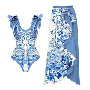 Tridimensional flor decoración azul pequeño estampado fresco traje de baño de una pieza para mujer 2023 traje de baño