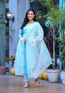 Conjunto de Kurta y Pantalón de Verano para Mujer, Diseño Bordado, Algodón, Cuello Redondo, Largo hasta la Rodilla, con Dupatta y Pantalón - Product Image 3