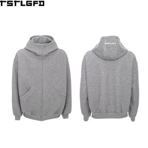 Sudadera con capucha y cremallera OEM/ODM, gris jaspeado, con remaches metálicos, cuello alto, corte holgado, estilo urbano, venta al por mayor - Product Image 2