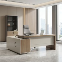 Bureau de direction moderne avec plateau en bois, armoire latérale et chaise en cuir pour PDG, directeur, mobilier de bureau commercial