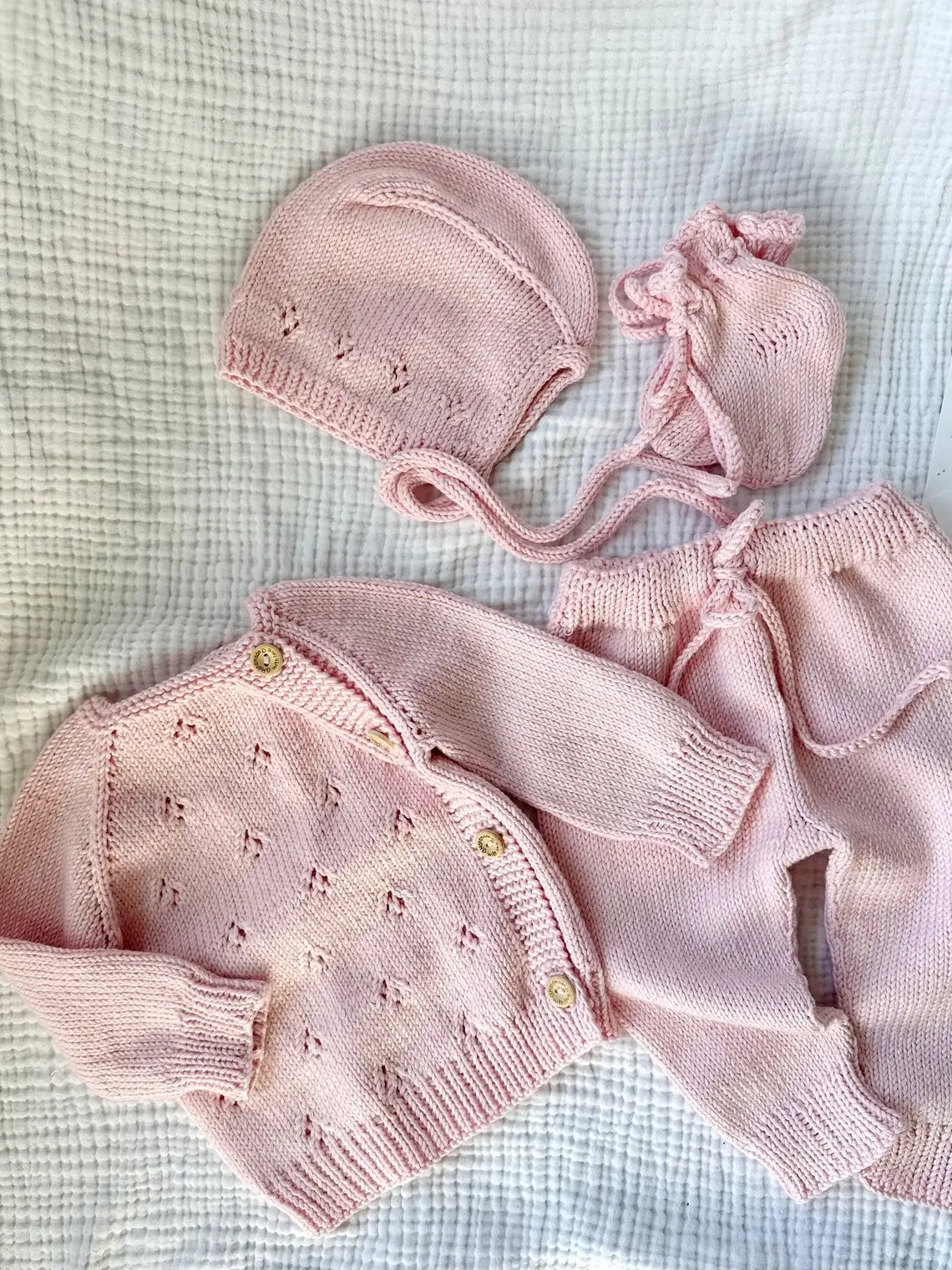 Newborn Cotton Cardigan Kimono Top Pant Set Spring Baby 4pcs Cotton Outfit Beanie Booties Set