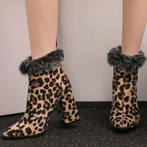 Large Size 48 Women's High Chunky Heels Ankles Boots Big Feet Wide Fit Top Fur Short Booties Leopard Print <b>Shoes</b> - Product Image 1