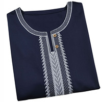 Robe traditionnelle pour hommes du Moyen-Orient bleu foncé, style islamique arabe, thobe brodé, manches marocaines, longueur cheville