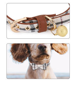 Pu Plaid Beige Fluwelen Strik Halsband Verstelbare Maat <span class=keywords><strong>Puppy</strong></span> Hond Bandana Halsband En Riem Set Hond Vlinderdas Kraag met Bel - Product Image 5