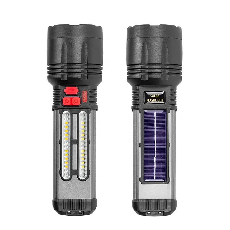Multi-functional 7 Lighting Modes Portable P50 Solar Powered Torches Rechargeable Flashlight with Red and Blue Emergency Light