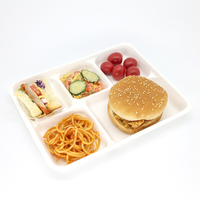 Plateau repas rectangulaire moderne biodégradable et écologique en bagasse de canne à sucre de haute qualité à 5 compartiments avec couvercle en pulpe PET