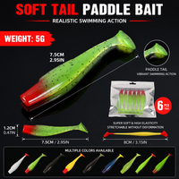 Leurre de pêche souple flottant en ABS/PVC de 80 mm, queue en T, pack de 6 pièces, action de nage réaliste à haute élasticité, pour achigan, perche, brochet, ODM OEM