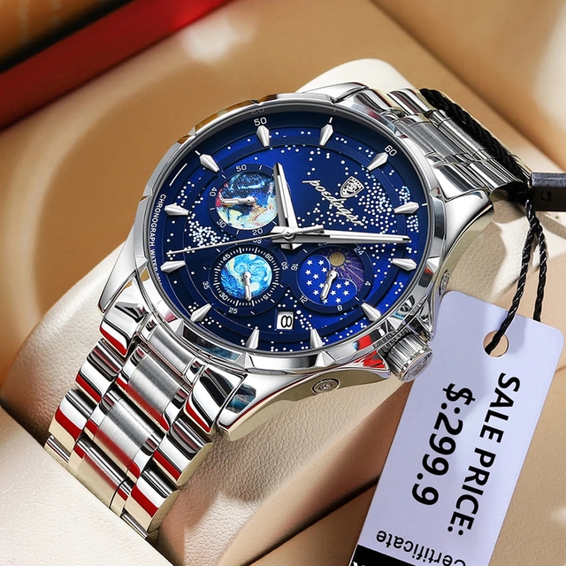 POEDAGAR Stainless Steel Watch for Men Luxury Chronograph Waterproof Luminous Wrist Watch Date Moon Phase Quartz Watches Mens