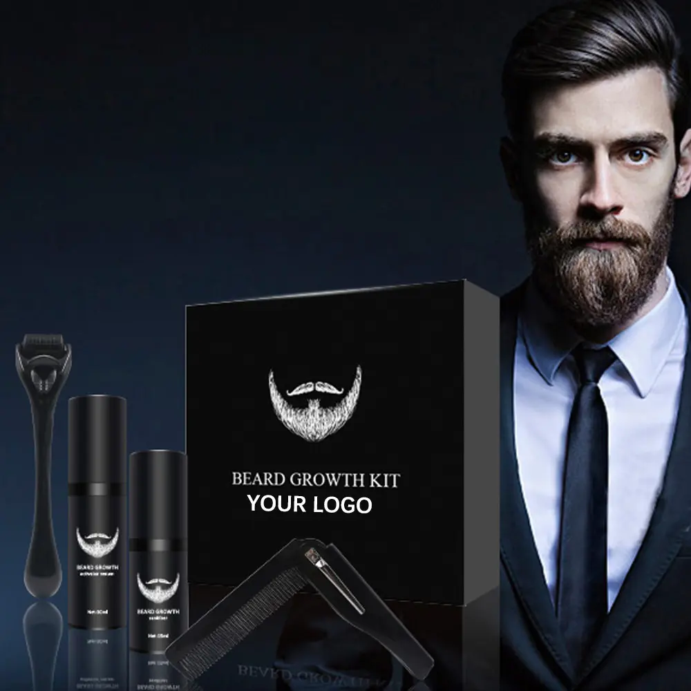 Private Label Men's Premium Beard Growth Kit Grooming With Roller Serum Comb Beard Care Kit